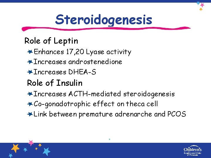 Steroidogenesis Role of Leptin Enhances 17, 20 Lyase activity Increases androstenedione Increases DHEA-S Role