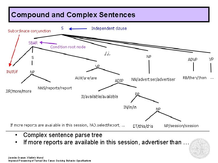 Compound and Complex Sentences • Complex sentence parse tree • If more reports are