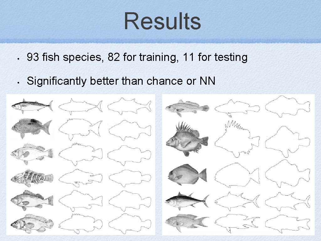 Results • 93 fish species, 82 for training, 11 for testing • Significantly better