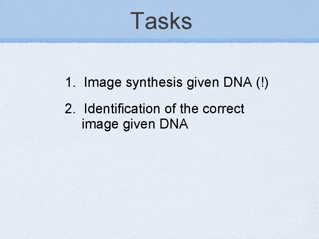 Tasks 1. Image synthesis given DNA (!) 2. Identification of the correct image given