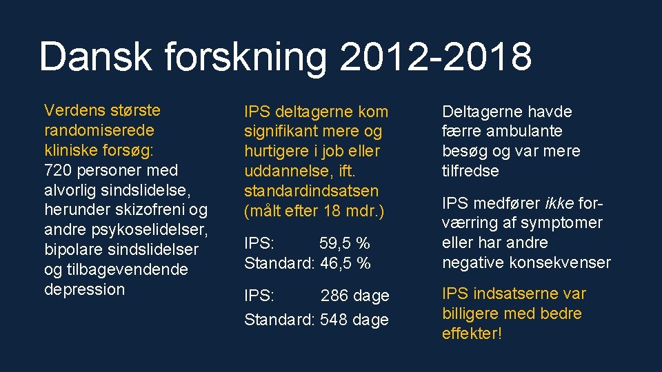 Dansk forskning 2012 -2018 Verdens største randomiserede kliniske forsøg: 720 personer med alvorlig sindslidelse,