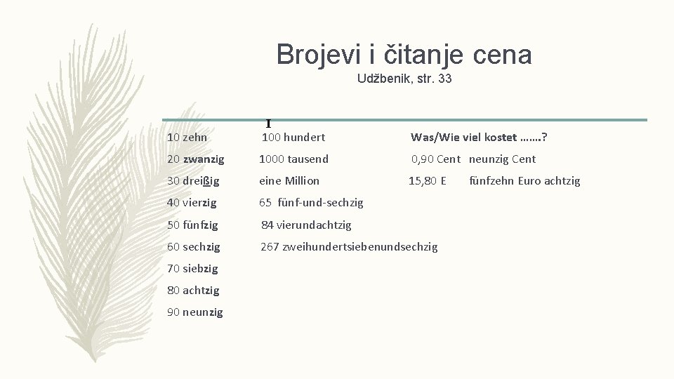 Brojevi i čitanje cena Udžbenik, str. 33 10 zehn I 100 hundert Was/Wie viel