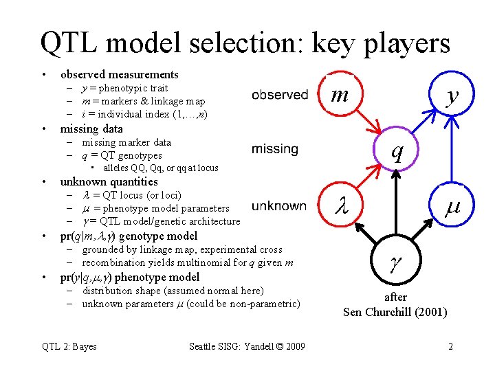 QTL model selection: key players • observed measurements – y = phenotypic trait –