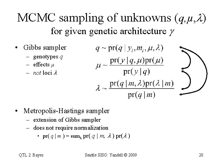 MCMC sampling of unknowns (q, µ, ) for given genetic architecture • Gibbs sampler