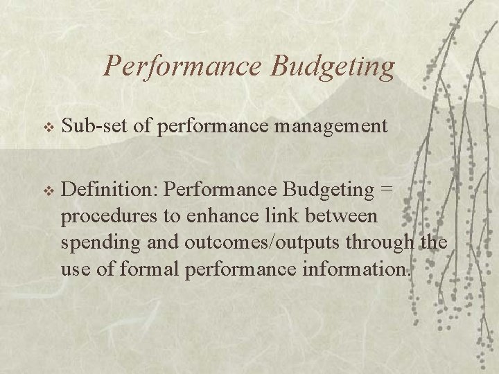 Performance Budgeting v Sub-set of performance management v Definition: Performance Budgeting = procedures to