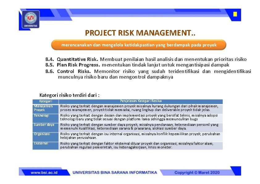 PROJECT RISK MANAGEMENT. . merencanakan dan mengelola ketidakpastian yang berdampak pada proyek 8. 4.