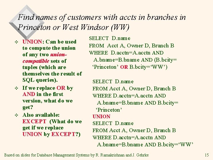 Find names of customers with accts in branches in Princeton or West Windsor (WW) Find names of customers with accts in branches in Princeton or West Windsor (WW)