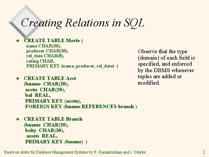 Creating Relations in SQL v CREATE TABLE Movie ( name CHAR(30), producer CHAR(30), rel_date Creating Relations in SQL v CREATE TABLE Movie ( name CHAR(30), producer CHAR(30), rel_date