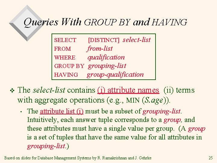 Queries With GROUP BY and HAVING SELECT [DISTINCT] select-list FROM from-list WHERE qualification GROUP