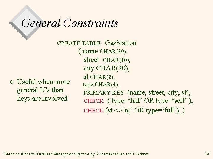 General Constraints CREATE TABLE Gas. Station ( name CHAR(30), street CHAR(40), v Useful when General Constraints CREATE TABLE Gas. Station ( name CHAR(30), street CHAR(40), v Useful when