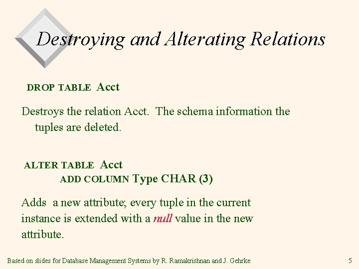 Destroying and Alterating Relations DROP TABLE Acct Destroys the relation Acct. The schema information Destroying and Alterating Relations DROP TABLE Acct Destroys the relation Acct. The schema information