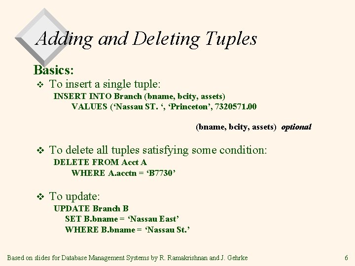 Adding and Deleting Tuples Basics: v To insert a single tuple: INSERT INTO Branch Adding and Deleting Tuples Basics: v To insert a single tuple: INSERT INTO Branch