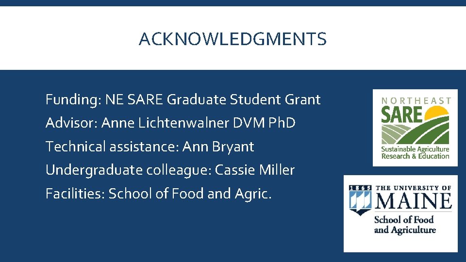 ACKNOWLEDGMENTS Funding: NE SARE Graduate Student Grant Advisor: Anne Lichtenwalner DVM Ph. D Technical