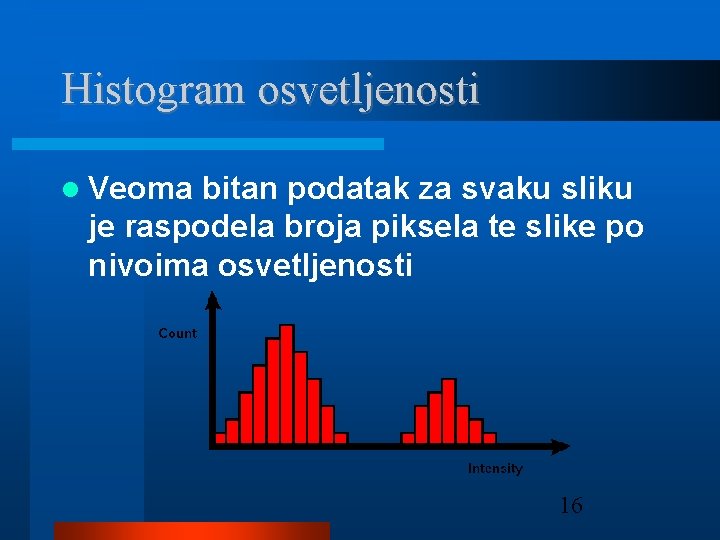 Histogram osvetljenosti Veoma bitan podatak za svaku sliku je raspodela broja piksela te slike