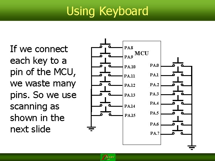 Using Keyboard If we connect each key to a pin of the MCU, we