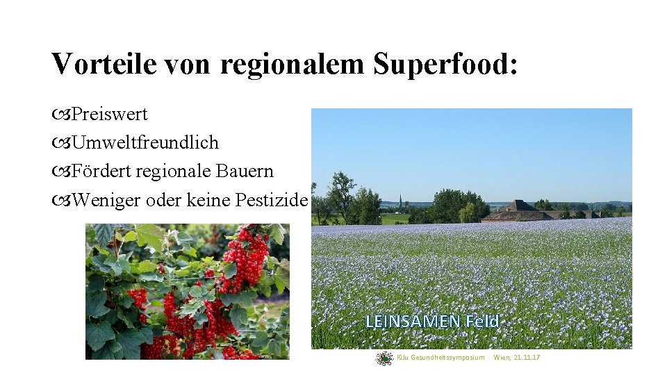 Vorteile von regionalem Superfood: Preiswert Umweltfreundlich Fördert regionale Bauern Weniger oder keine Pestizide LEINSAMEN