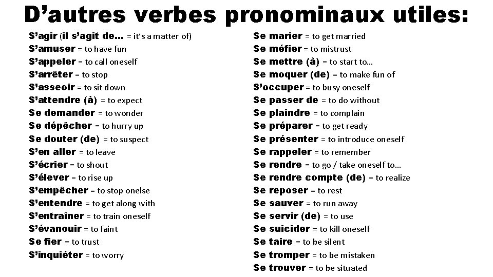 D’autres verbes pronominaux utiles: S’agir (il s’agit de… = it’s a matter of) S’amuser
