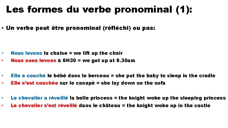 Les formes du verbe pronominal (1): • Un verbe peut être pronominal (réfléchi) ou