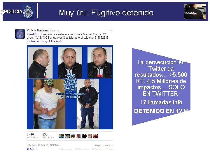 @POLICIA Muy útil: Fugitivo detenido La persecución en Twitter da resultados… >5. 500 RT,