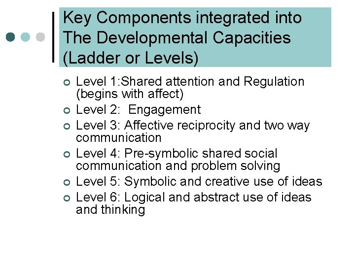Key Components integrated into The Developmental Capacities (Ladder or Levels) ¢ ¢ ¢ Level