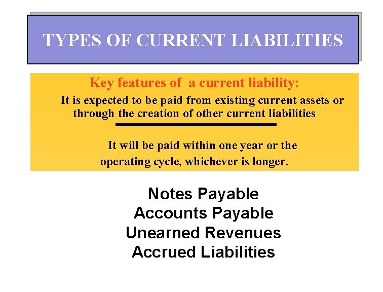 TYPES OF CURRENT LIABILITIES Key features of a current liability: It is expected to