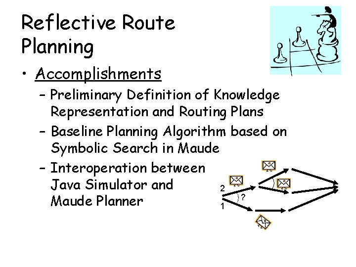 Reflective Route Planning • Accomplishments – Preliminary Definition of Knowledge Representation and Routing Plans