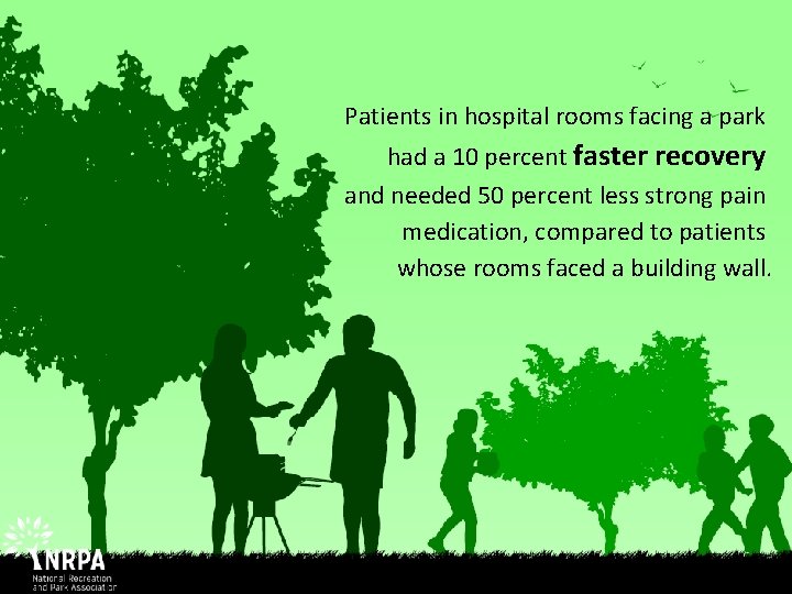 Patients in hospital rooms facing a park had a 10 percent faster recovery and