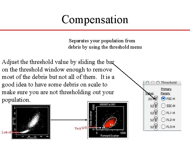 Compensation Separates your population from debris by using the threshold menu Adjust the threshold