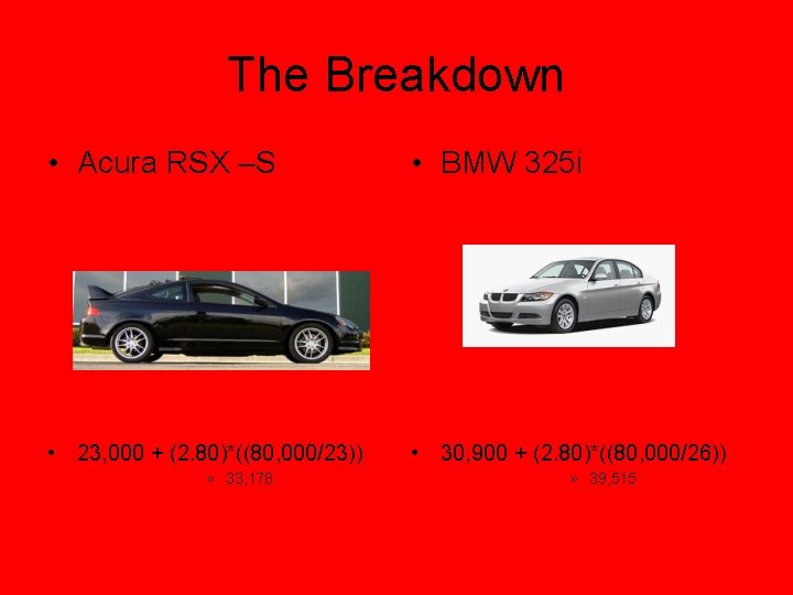 The Breakdown • Acura RSX –S • BMW 325 i • 23, 000 +