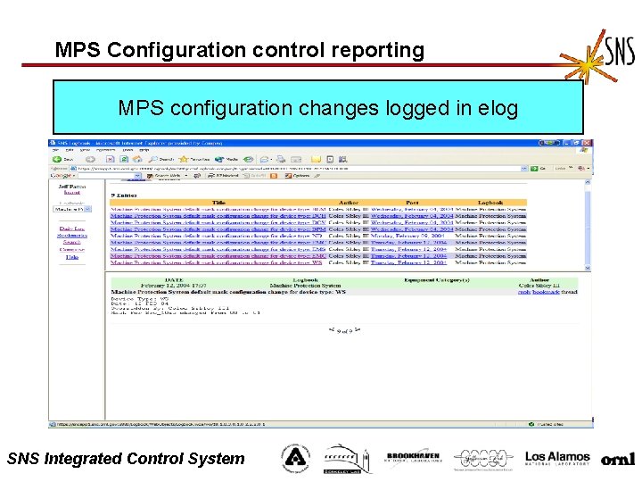 MPS Configuration control reporting MPS configuration changes logged in elog SNS Integrated Control System