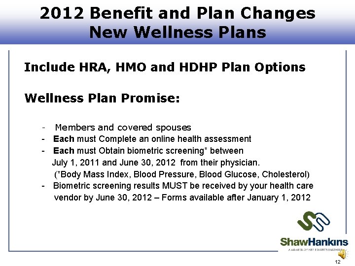 2012 Benefit and Plan Changes New Wellness Plans Include HRA, HMO and HDHP Plan