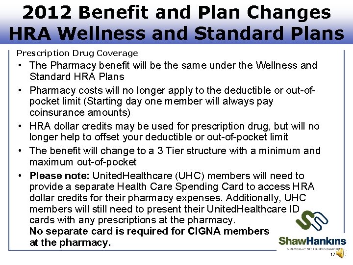 2012 Benefit and Plan Changes HRA Wellness and Standard Plans Prescription Drug Coverage •