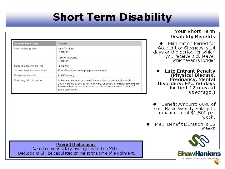 Short Term Disability Your Short Term Disability Benefits l Elimination Period for Accident or