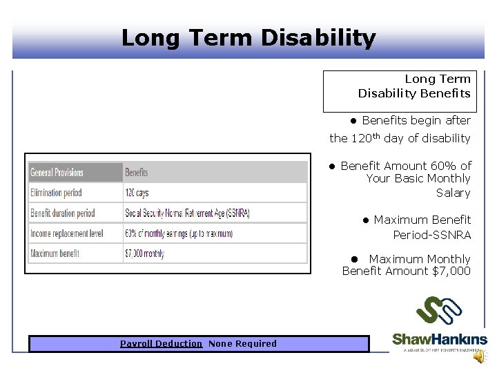 Long Term Disability Benefits l Benefits begin after the 120 th day of disability