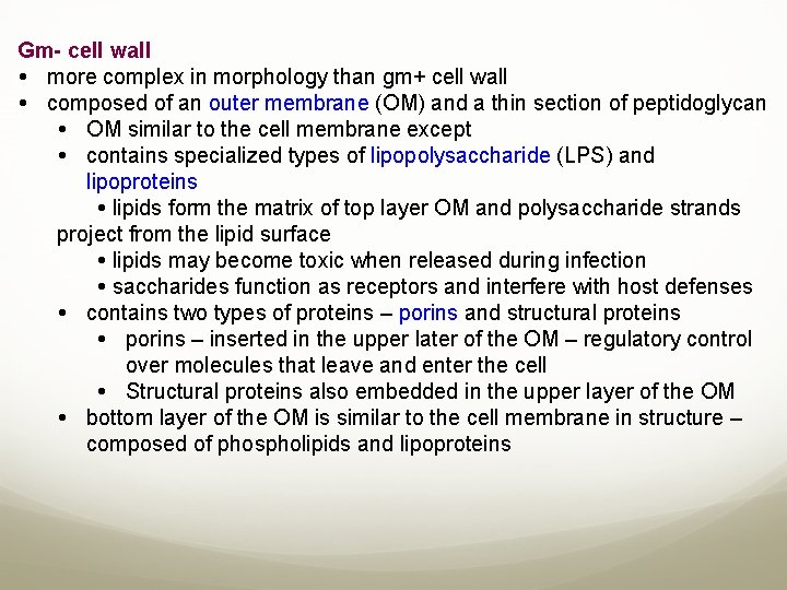 Gm- cell wall more complex in morphology than gm+ cell wall composed of an