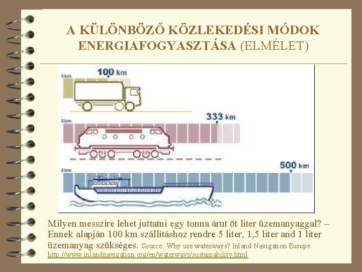 A KÜLÖNBÖZŐ KÖZLEKEDÉSI MÓDOK ENERGIAFOGYASZTÁSA (ELMÉLET) Milyen messzire lehet juttatni egy tonna árut öt