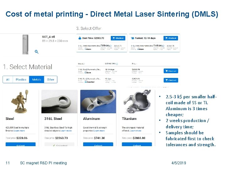 Cost of metal printing - Direct Metal Laser Sintering (DMLS) • • • 11