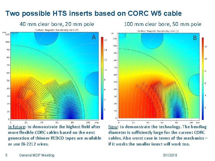 Two possible HTS inserts based on CORC W 5 cable 40 mm clear bore,
