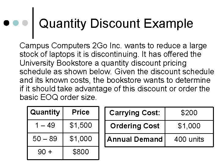 Quantity Discount Example Campus Computers 2 Go Inc. wants to reduce a large stock