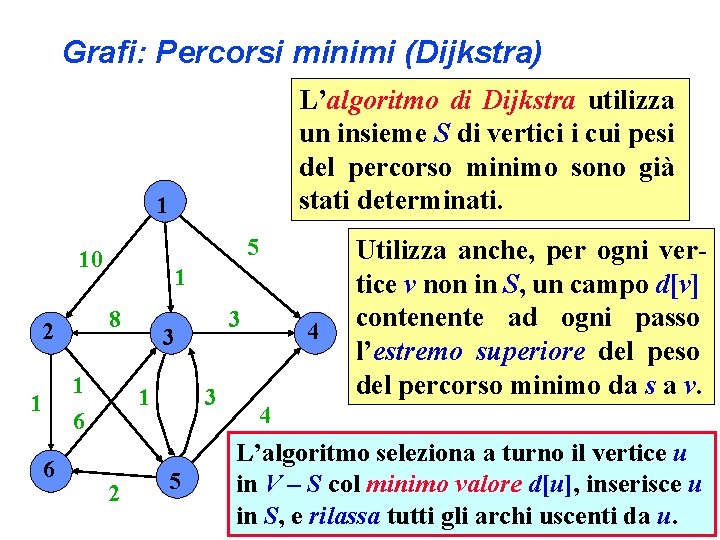 Grafi: Percorsi minimi (Dijkstra) L’algoritmo di Dijkstra utilizza un insieme S di vertici i