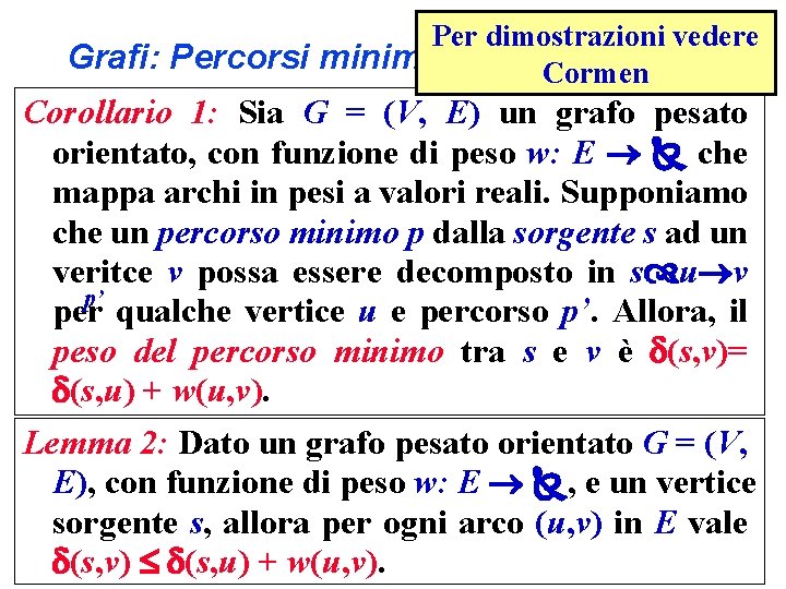 Per dimostrazioni vedere Grafi: Percorsi minimi Cormen Corollario 1: Sia G = (V, E)