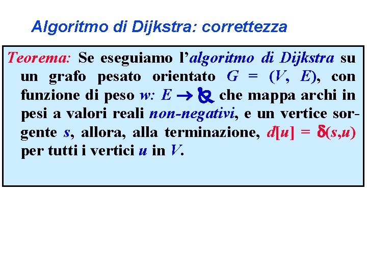 Algoritmo di Dijkstra: correttezza Teorema: Se eseguiamo l’algoritmo di Dijkstra su un grafo pesato