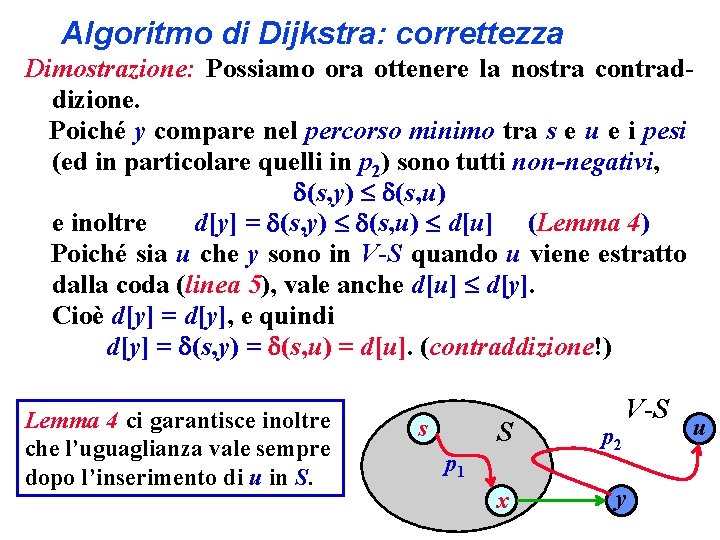 Algoritmo di Dijkstra: correttezza Dimostrazione: Possiamo ora ottenere la nostra contraddizione. Poiché y compare