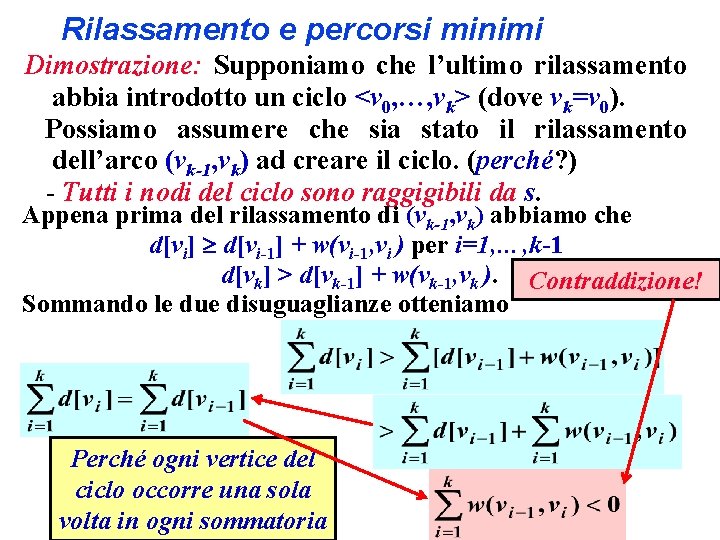 Rilassamento e percorsi minimi Dimostrazione: Supponiamo che l’ultimo rilassamento abbia introdotto un ciclo <v