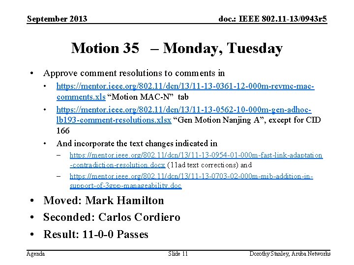 September 2013 doc. : IEEE 802. 11 -13/0943 r 5 Motion 35 – Monday,