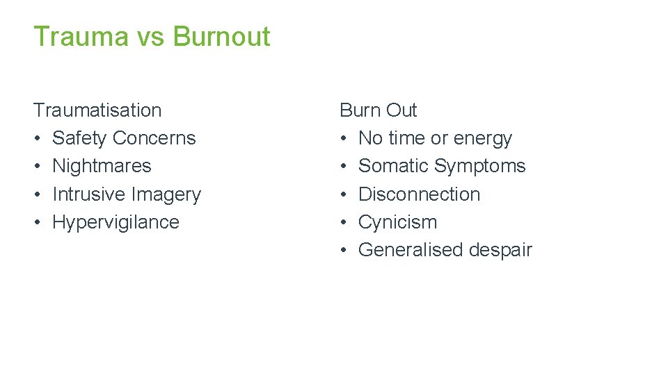 Trauma vs Burnout Traumatisation • Safety Concerns • Nightmares • Intrusive Imagery • Hypervigilance