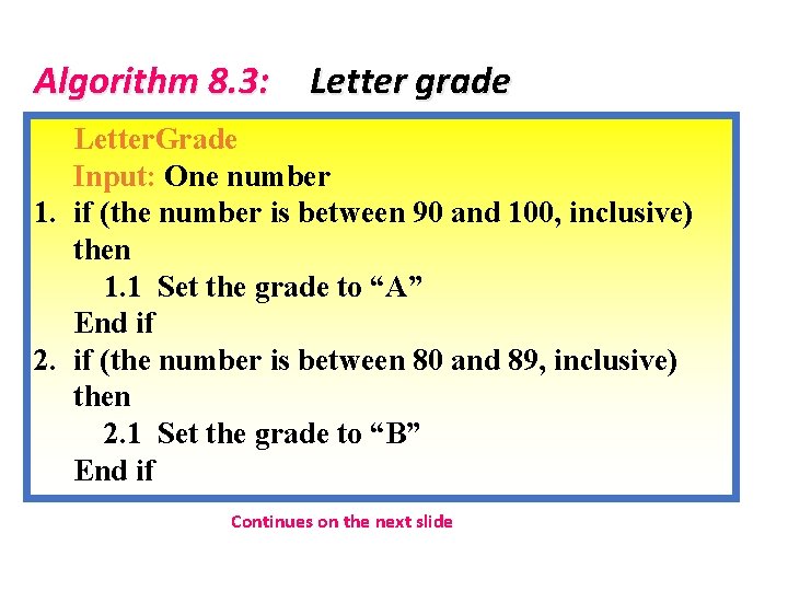 Algorithm 8. 3: Letter grade Letter. Grade Input: One number 1. if (the number