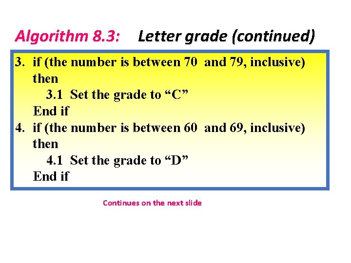 Algorithm 8. 3: Letter grade (continued) 3. if (the number is between 70 and