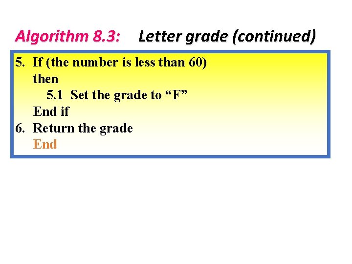 Algorithm 8. 3: Letter grade (continued) 5. If (the number is less than 60)