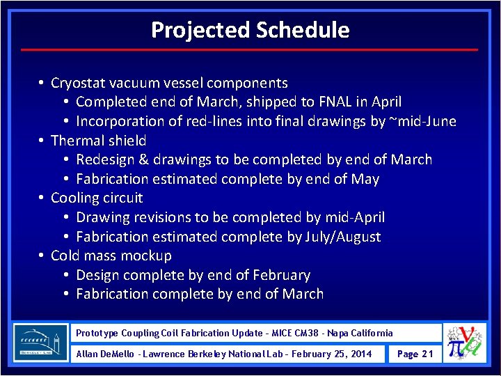 Projected Schedule • Cryostat vacuum vessel components • Completed end of March, shipped to